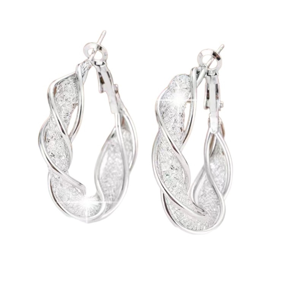 Silver Twisted Mesh Hoop Earrings - Picture 2 of 2